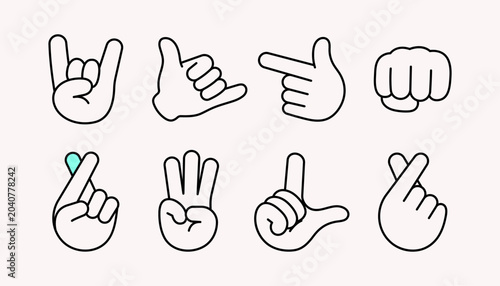 Foto Modern Outline Hand Gesture Icons Set Featuring Rock Sign Shaka Finger Point Fis