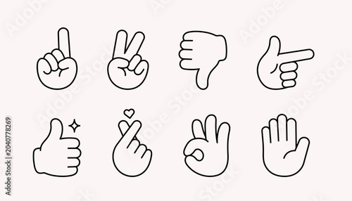 Schilderij op canvas Minimal Line Hand Gesture Icons Collection with Thumbs Up Peace Sign OK Gesture