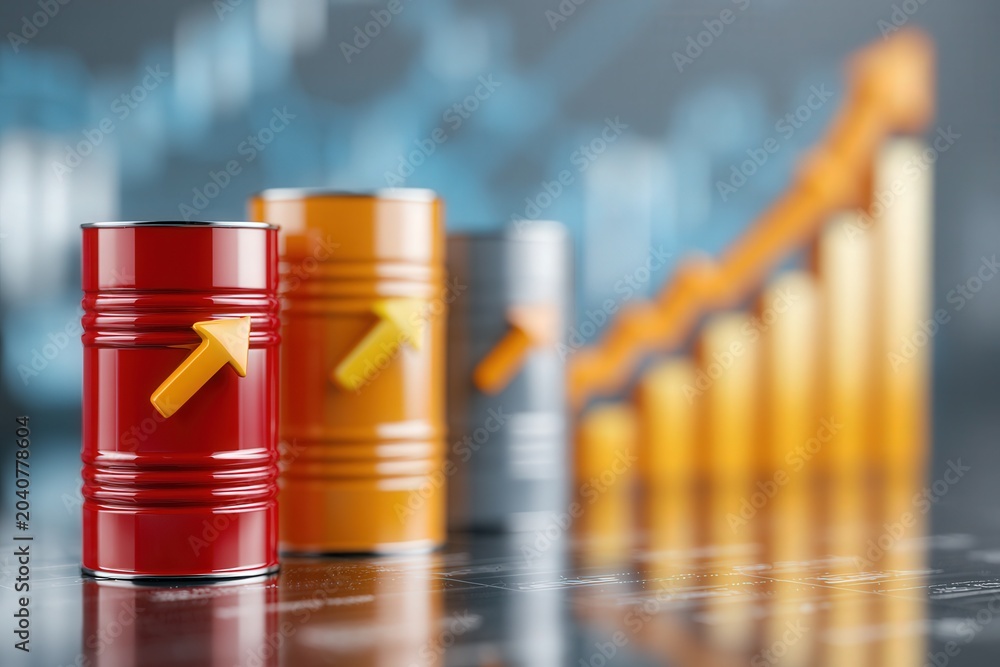 Fototapeta premium Three colorful barrels stand on a reflective surface
