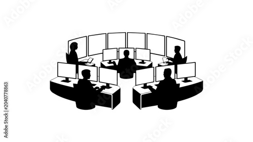 Office workers, business team, call center agents, customer service representatives, desk silhouettes