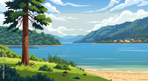 Фотография This vector illustration depicts a tranquil mountain lake landscape, featuring a