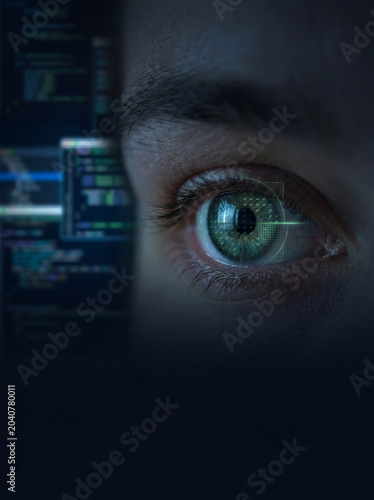 Futuristic biometric eye scan on programming code background