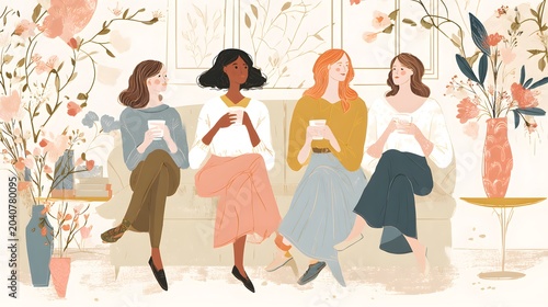 Cozy flat illustration of a women business club meetup. Diverse female entrepreneurs networking and drinking coffee in a pastel pink floral cafe. Perfect for community blog.