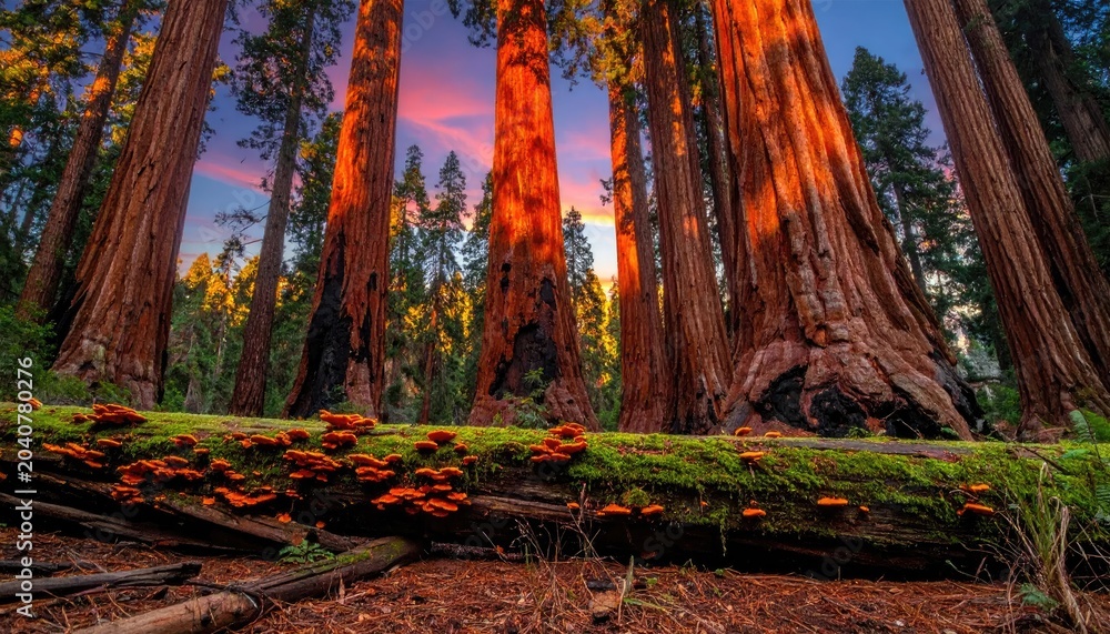 Fototapeta premium Majestic Giant Sequoia Forest at Sunset with Dramatic Sky.