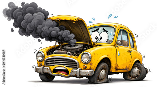 Yellow cartoon car with smoking engine and flat tires