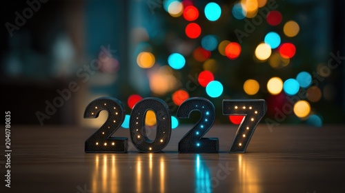 Illuminated numerals marking the year two thousand twenty seven rest upon a reflective surface before blurred holiday lights
