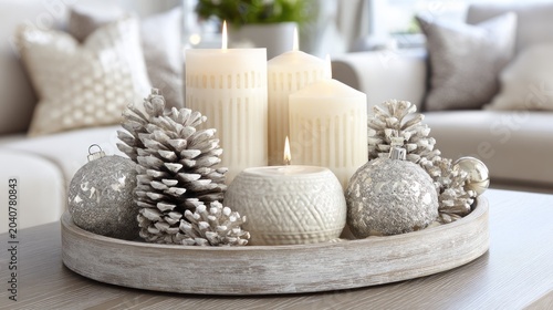 Illuminated pillar candles and festive adornments rest upon a distressed wooden tray centerpiece.
