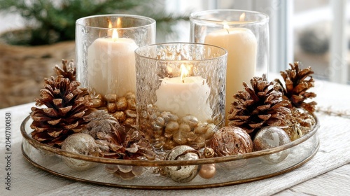Glowing pillar candles illuminate a holiday centerpiece arrangement with natural elements on a rustic surface.