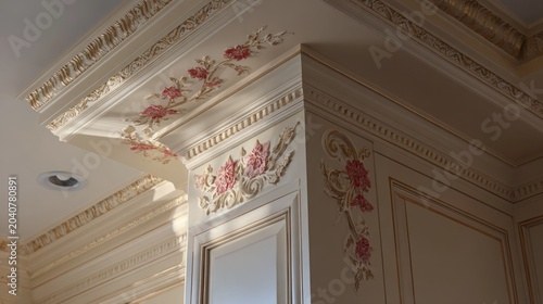 Ornate architectural molding features sculpted floral ornamentation painted in muted pink tones