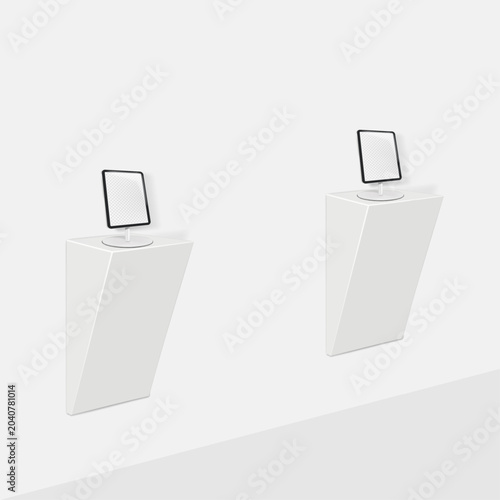 White blank triangle wall pedestals with tabletop ipad tablet stands. Realistic vector mockup. Shelf podium plinths with table digital displays. 3d mock-up. Easy editable template for design