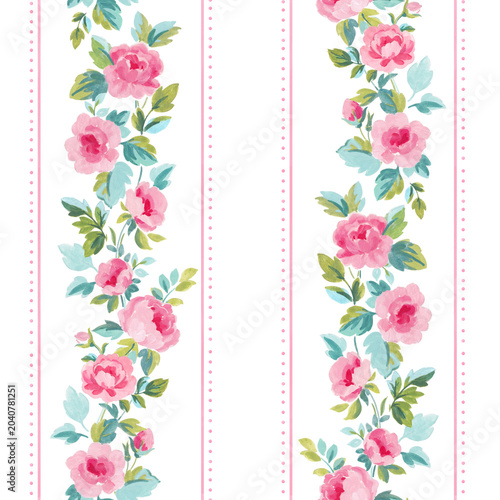 Elegant Watercolor Rose Stripe Repeat Pattern with Pink Floral Bouquets. Seamless Botanical Textile Design for Fabric, Wallpaper and Home Decor.