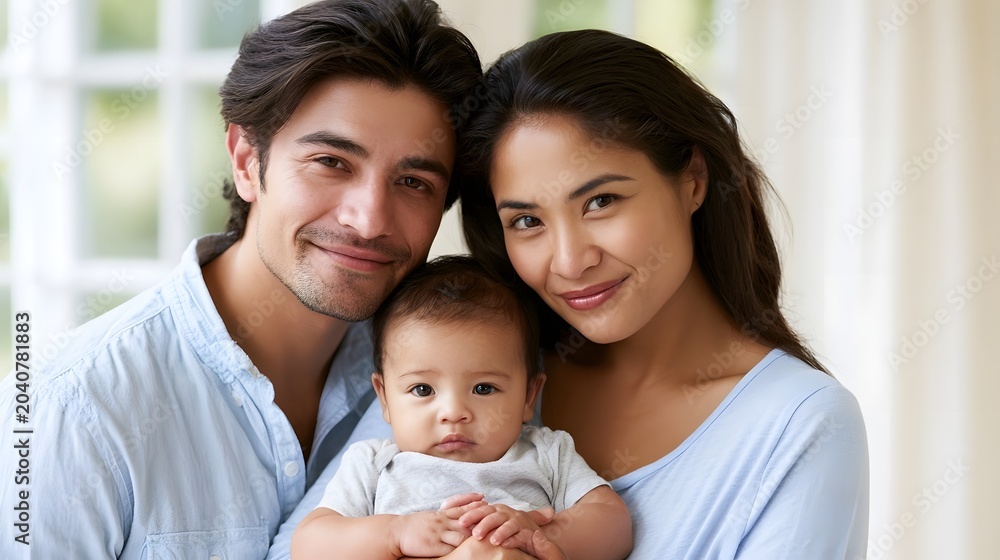 Obraz premium A beautiful family of three is captured smiling warmly together in a bright softly lit indoor setting