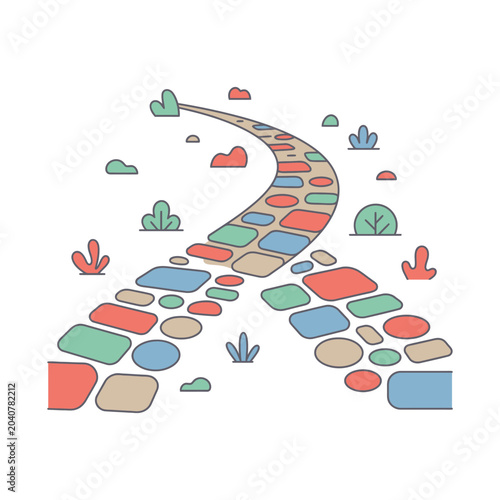 Colorful winding stone path with plants and clouds, symbolizing journey and decision