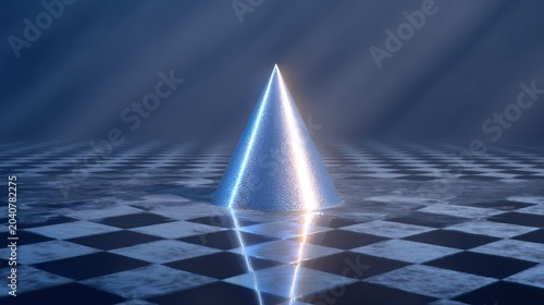Illuminated geometric cone rests upon a reflective checkered floor in a misty environment