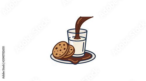 Tableau sur toile Chocolate Syrup Pouring into Milk Glass with Cookies on Plate