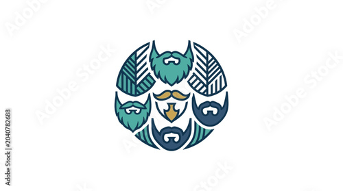 Tableau sur toile Circular Emblem with Diverse Beards and Moustaches, Stylized Foliage