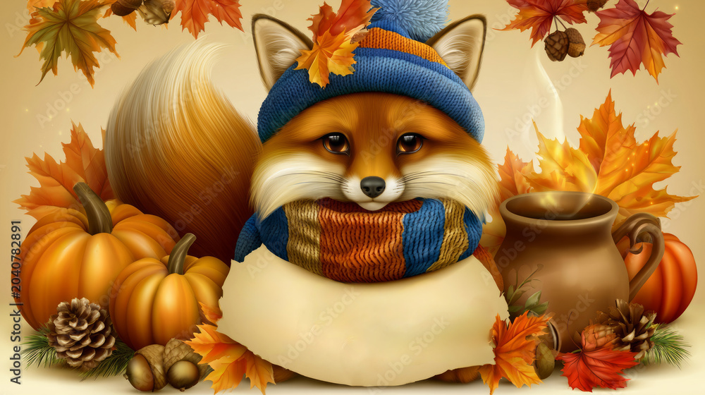 Fototapeta premium Whimsical Fox in Autumn Hat Surrounded by Falling Maple Leaves and Pumpkins with Warm Beverage