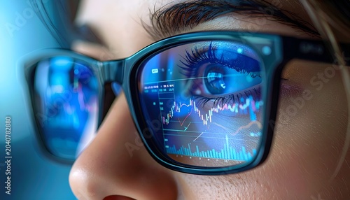 Modern finance concept featuring reflected graphs, statistics, and analytics through eyeglass lenses.