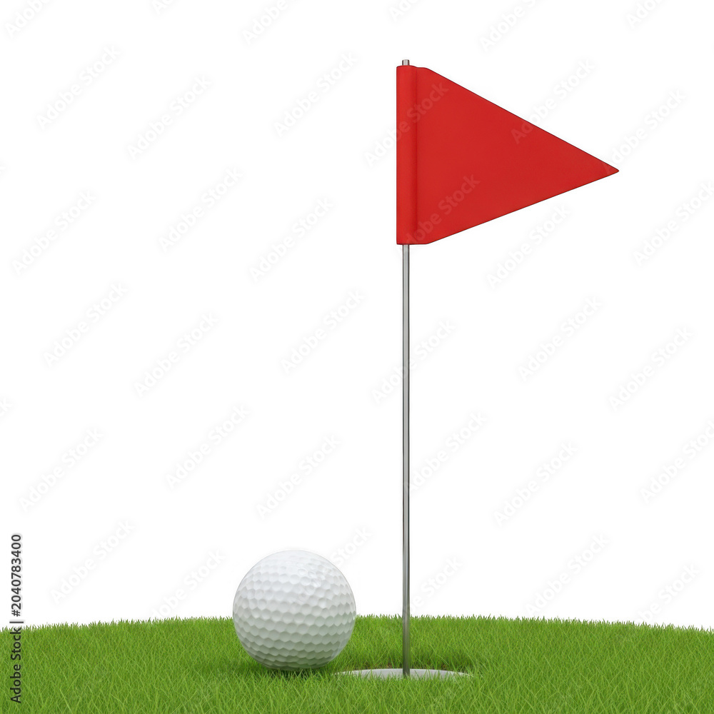 Obraz premium Golf ball next to red flag on green grass