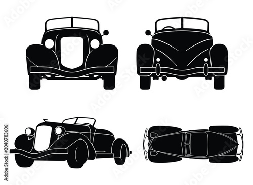 Bild auf Leinwand 1930s Pre-War Open Tourer Convertible Car Silhouette Set — Antique Automobile Bl