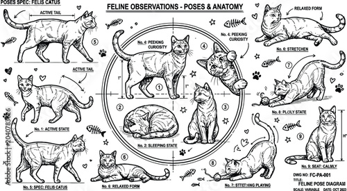 Quadro em tela Feline anatomy and poses diagram, collection of handdrawn cat sketches showing v