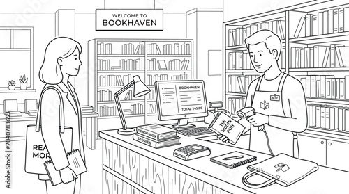 Принти на полотні Line art illustration of a customer buying a book at a bookstore counter