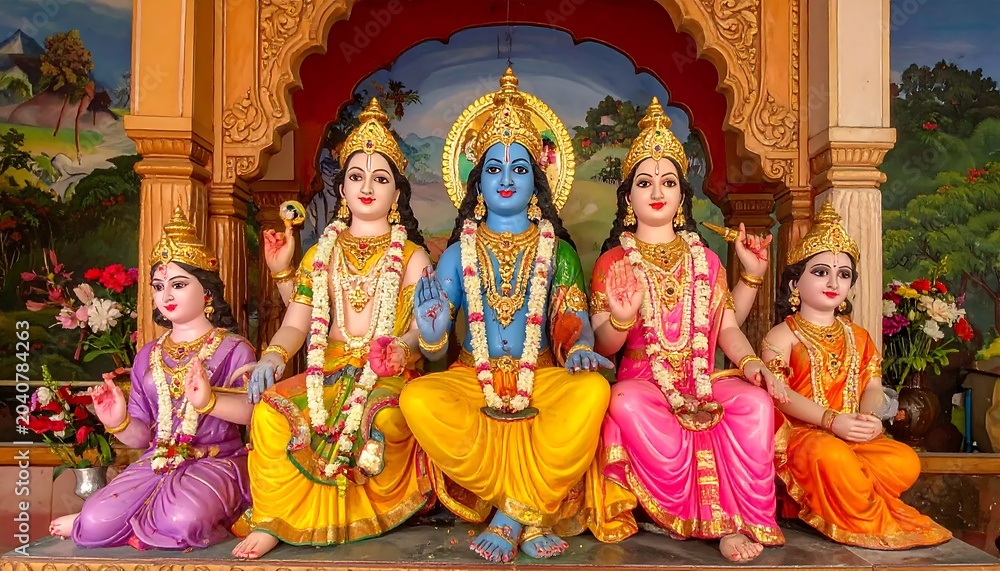 Fototapeta premium Hindu deities in traditional temple setting with devotees.