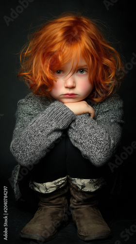 Red Haired Child Sitting Cross Legged and Crying Sad Emotion Portrait on Neutral Background