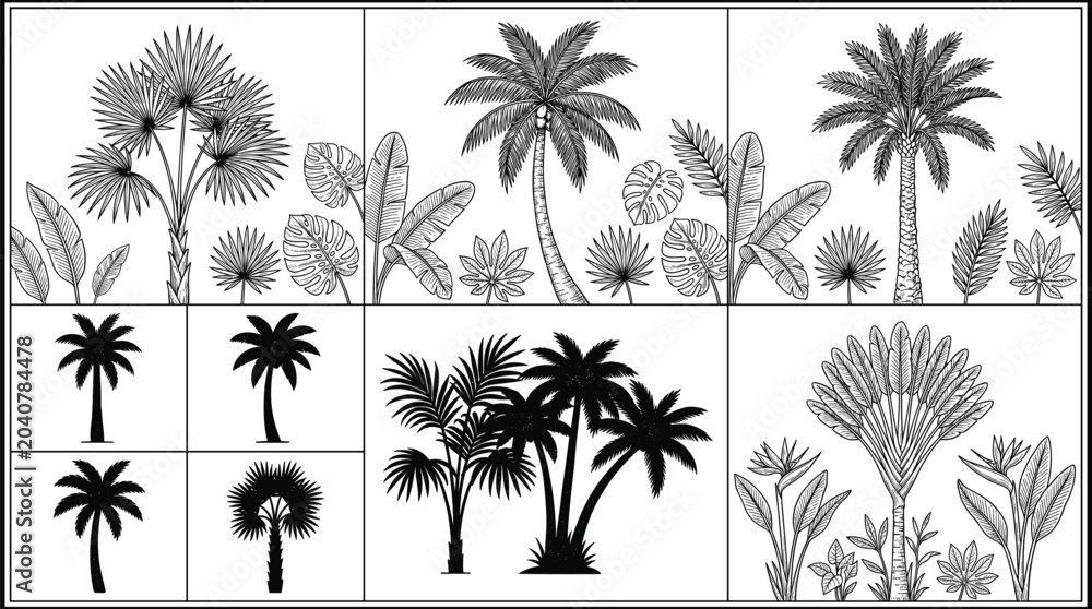 Fototapeta premium Black and white botanical illustrations of palm trees, banana leaves, and tropical foliage in detailed line art and silhouettes