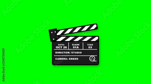 Black film clapperboard with generic production details open on a vibrant green screen background for video