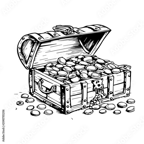 Foto Open Treasure Chest Overflowing with Gold Coins, Hand-Drawn Illustration