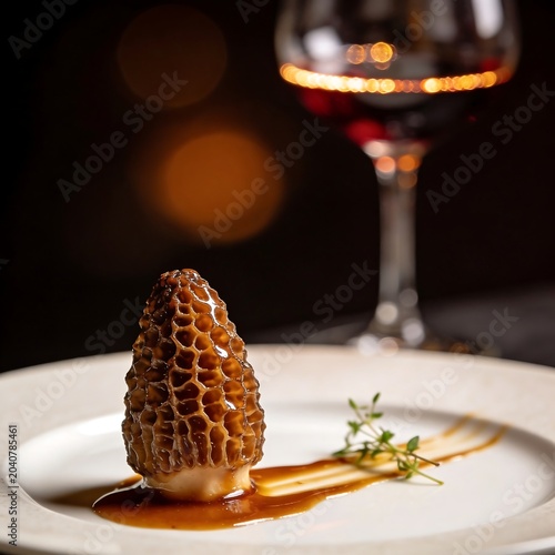 Wild morel mushroom delicacy served in elegant restaurant culinary presentation