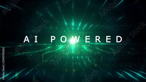 Futuristic ai powered technology background with glowing green lights and lines on dark backdrop