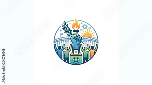 Tableau sur toile Democracy Concept: Fist Holding Torch and Olive Branch, People Rallying