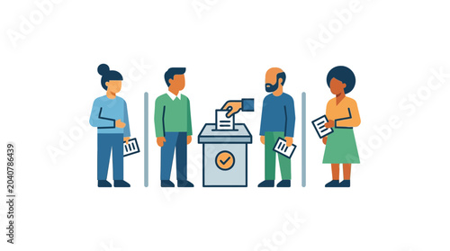 Diverse group of people voting at a ballot box, election concept illustration