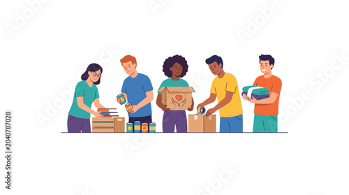 Diverse volunteers packing donations for charity, community support, helping hands