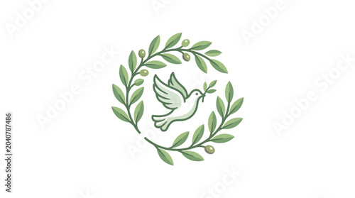 Tableau sur toile Dove with Olive Branch Inside Laurel Wreath, Symbol of Peace and Hope
