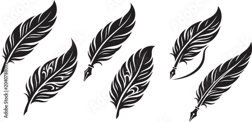 Εκτύπωση καμβά Black Feather and Quill Pen Vector Set Isolated on White Background