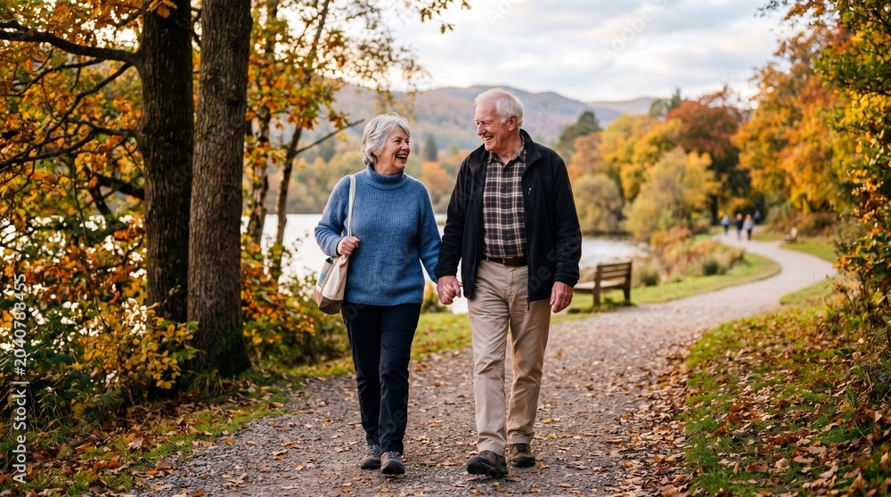 Fototapeta premium Senior couple walking hand in hand on autumn park path, smiling and enjoying nature, emotional connection, outdoor leisure, golden leaves, peaceful atmosphere
