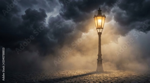 Ornate Gas Lamp Illuminates Cobblestone Street on Stormy Night with Rain