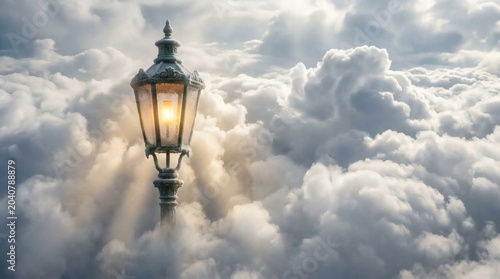 Vintage street lamp glowing brightly amidst ethereal clouds and sunlight, fantasy concept art, ethereal and magical atmosphere, surreal landscape.