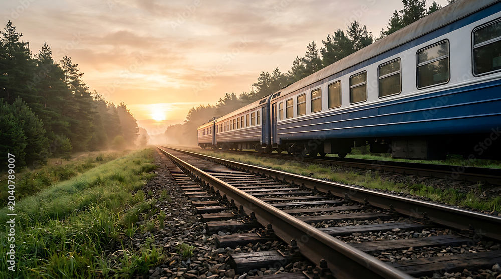 Fototapeta premium Passenger train travels through a scenic forest during a beautiful sunrise with soft light illuminating the tracks