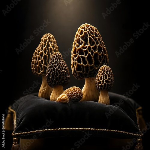 Luxury culinary concept featuring wild morel mushrooms in spotlight