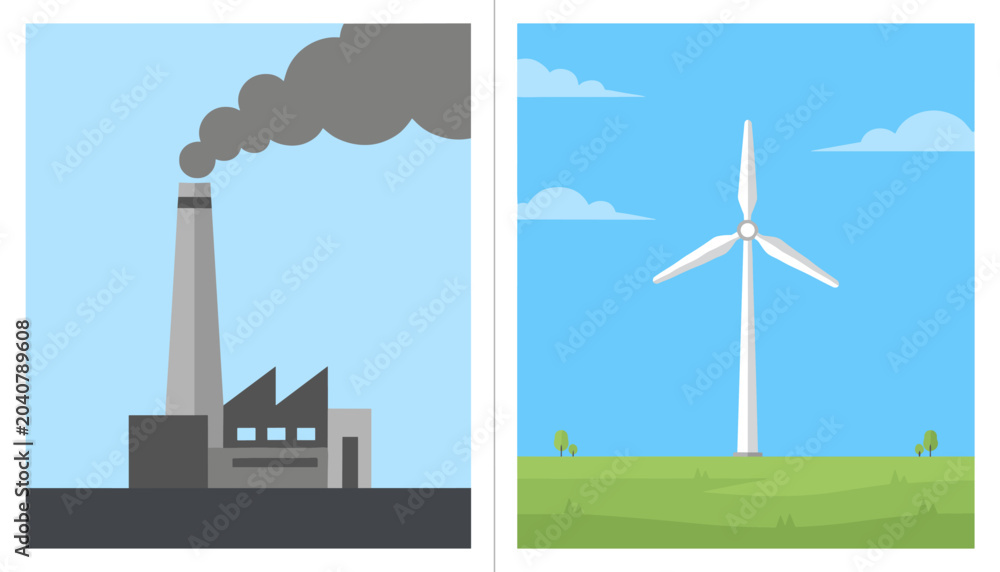 Obraz premium Environmental Comparison of Industrial Pollution and Clean Renewable Energy Wind Turbine Illustration