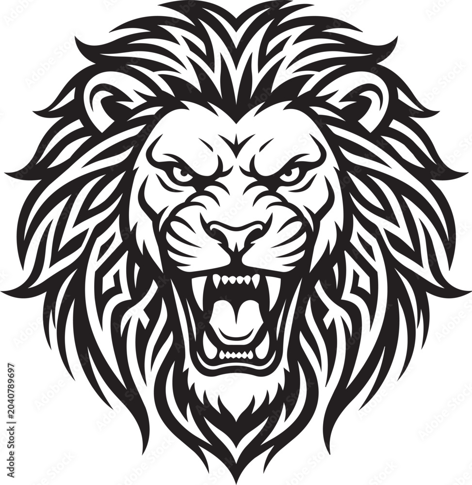 Fototapeta premium Fierce Roaring Lion Head Black and White Tribal Vector Illustration