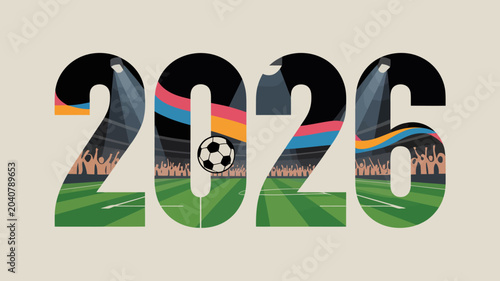 Foto 2026 typography with soccer stadium vector football illustration graphic design