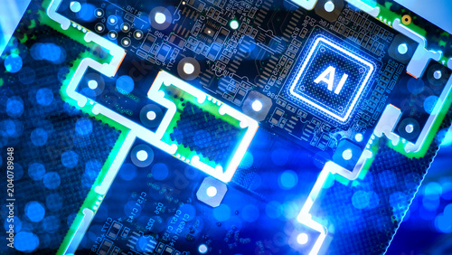 Photos AI chip manufacturing, Circuit board with glowing processor shows artificial intelligence hardware and advanced microelectronics technology