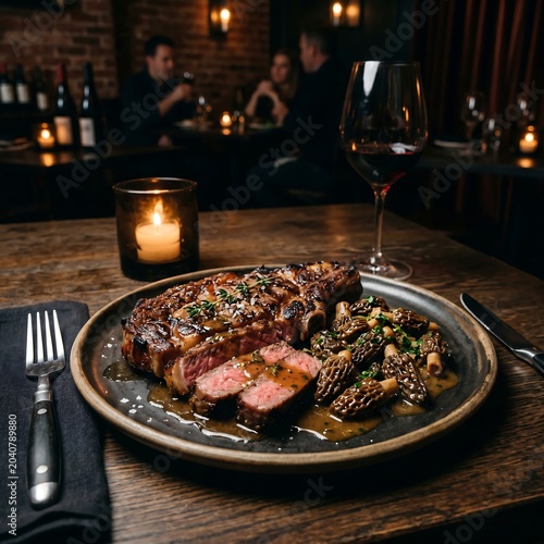 Premium steak dinner with morel mushrooms and red wine fine dining experience