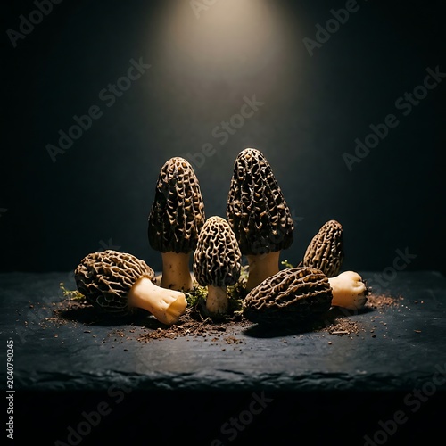 Wild morel mushrooms under dramatic spotlight on dark luxury background