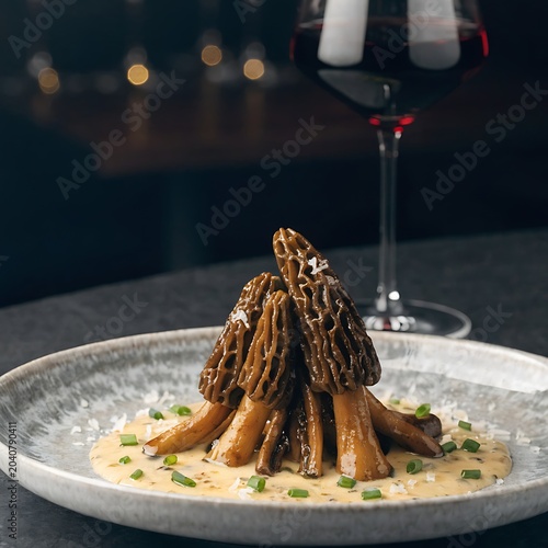 Premium gourmet morels on fine dining plate with sophisticated wine pairing